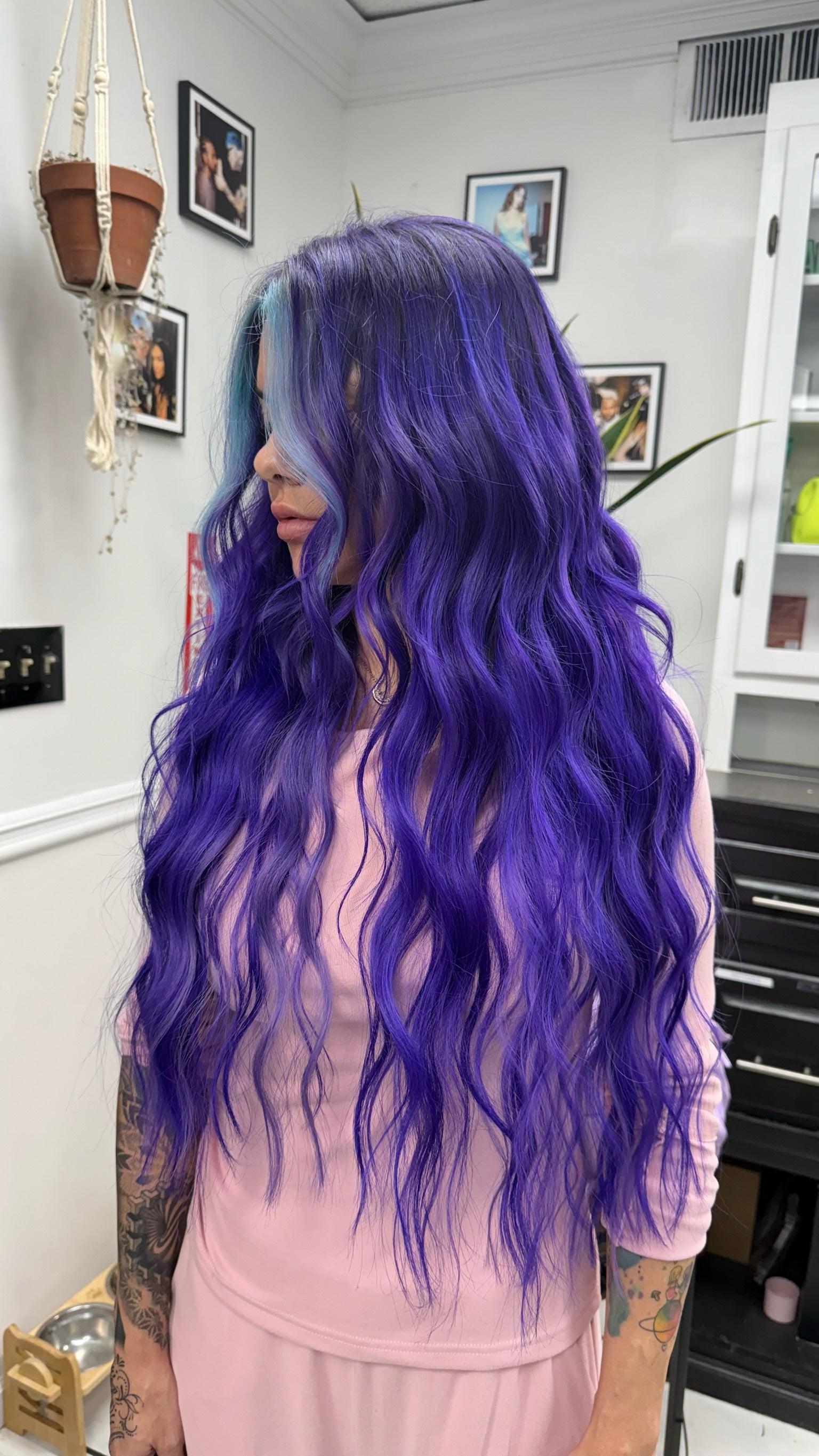 long vivid purple hair with extensions and blue money pieces 