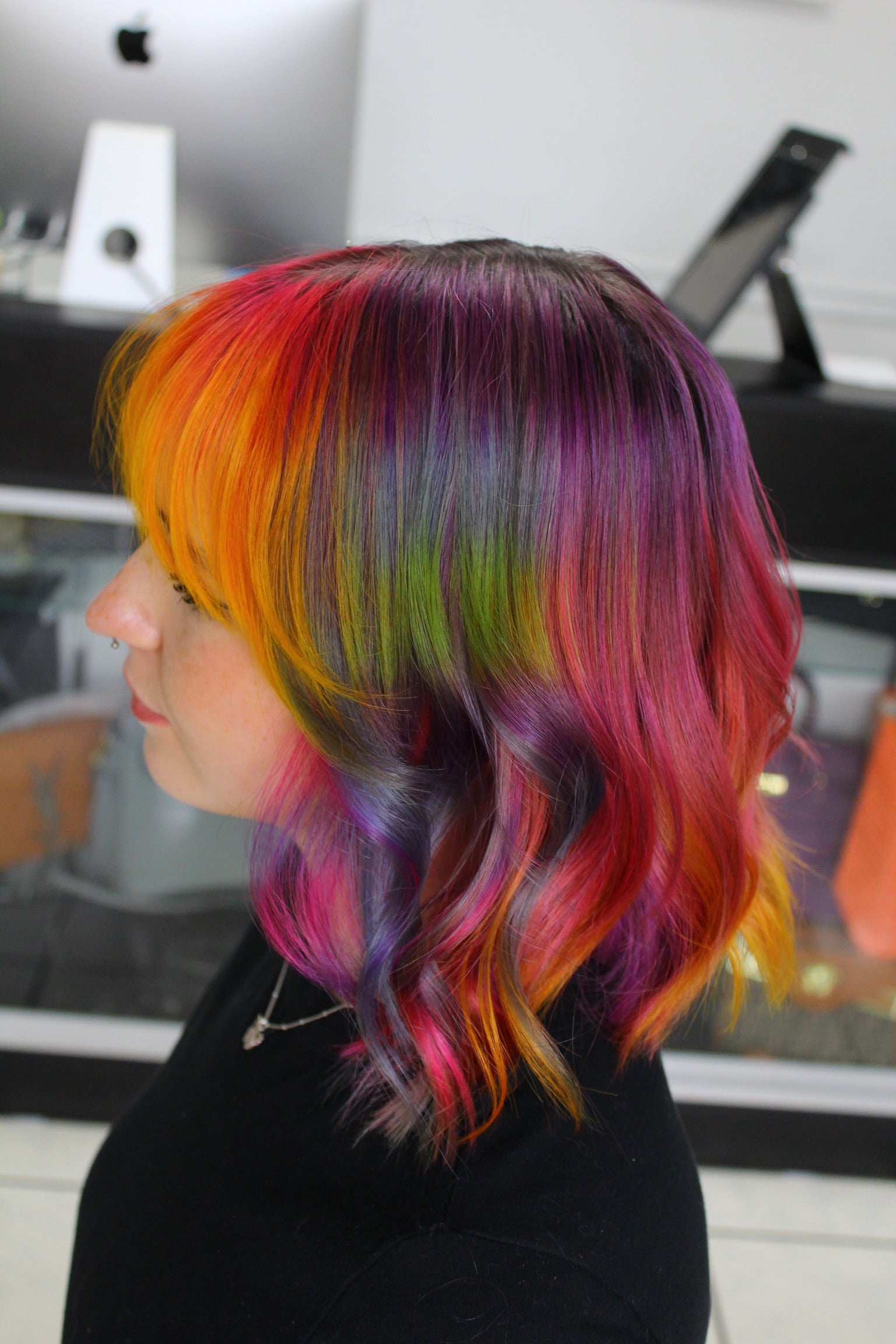 rainbow hair, pink to yellow gradient, raccoon stripes, purple to pink gradient, curled, bob haircut