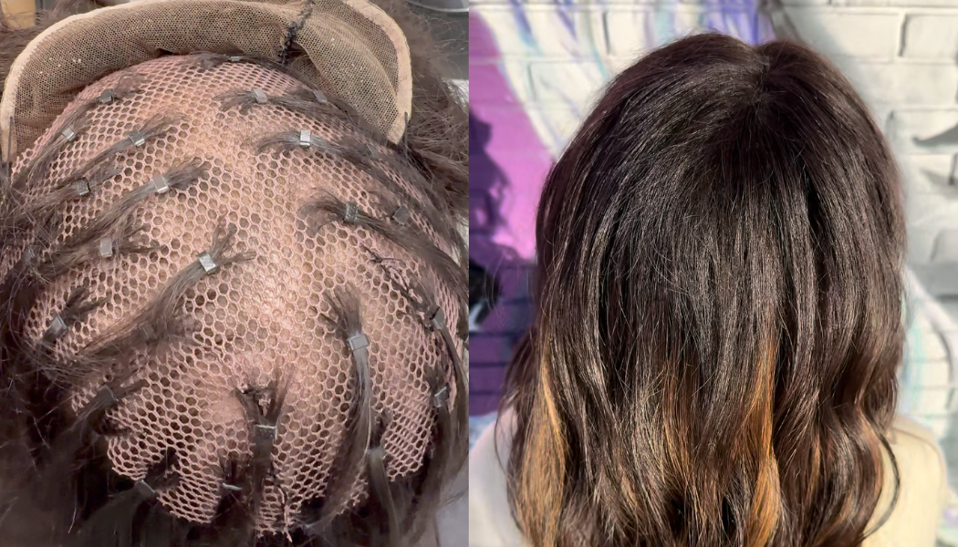 mesh integration as a hair loss solution where mesh is woven into the hair with beads and a hairpiece is sewn onto the mesh cap