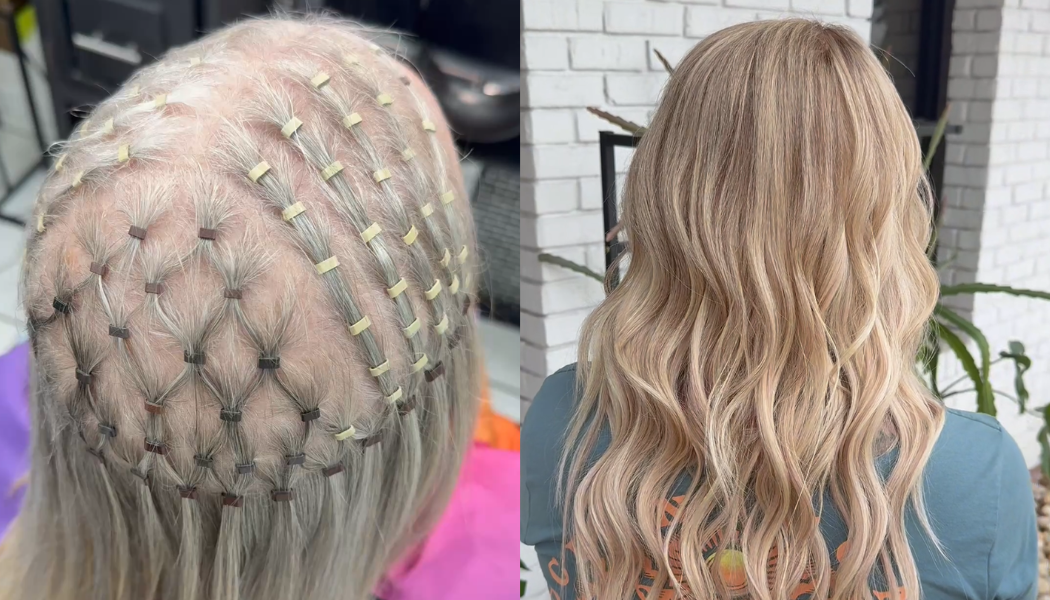 mesh integration as a hair loss solution where beads are used to create a mesh out of the hair and extensions are sewn on